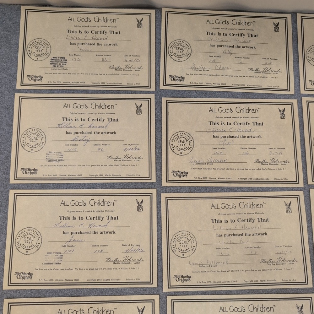 Lot of 20 All God's Children Martha Holcombe Certificates of Authenticity COA - Picture 2 of 5
